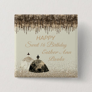 Badge Carré 5 Cm Boule Or tendance Gown Sweet 16 Déchets Anniversai