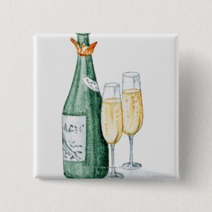 Badge Carré 5 Cm Bouteilles de Champagne et deux verres