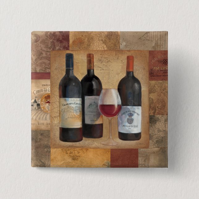 Badge Carré 5 Cm Bouteilles de vin avec le verre (Devant)
