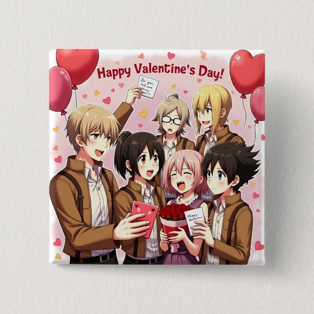 BADGE CARRÉ 5 CM BOUTON ANIME JOUR DE VALENTINE (Devant)