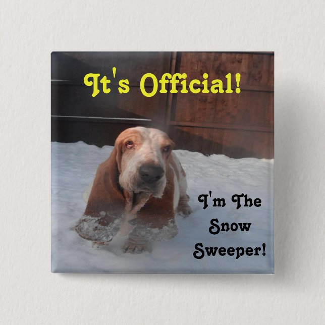 Badge Carré 5 Cm Bouton Balayeur de Neige Basset Hound (Devant)