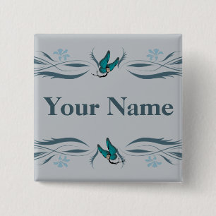 Badge Carré 5 Cm Bouton bleu avec Butterfairies