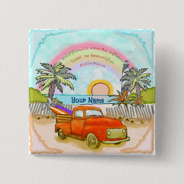 Badge Carré 5 Cm Bouton Camion Surfer Lighthouse (Devant)
