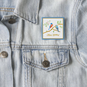 Badge Carré 5 Cm Bouton Carré Anniversaire Oiseaux Bleus