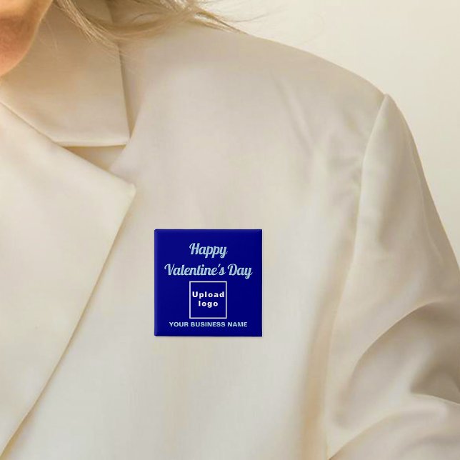 Badge Carré 5 Cm Bouton Carré bleu pour la Saint-Valentin (Business name and logo with Happy Valentine's Day greeting on blue square button.)