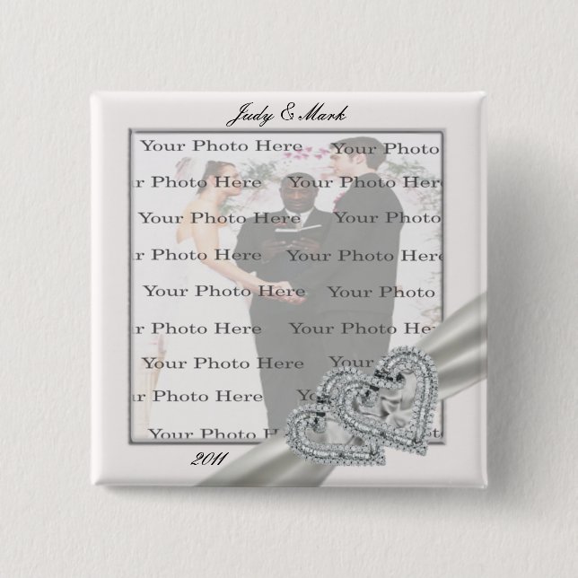 Badge Carré 5 Cm Bouton Carré Mariage blanc Coeurs (Devant)
