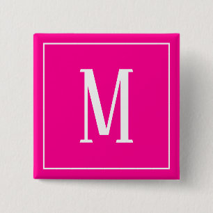 Badge Carré 5 Cm Bouton carré Monogramme blanc sur fond rose vif