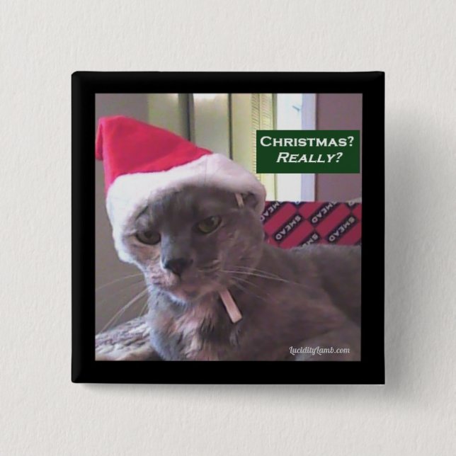 Badge Carré 5 Cm Bouton Chat de Noël (Devant)