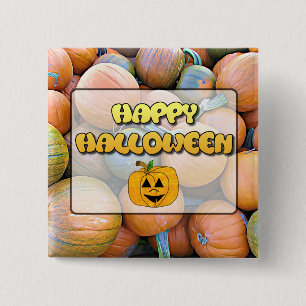 Badge Carré 5 Cm Bouton Citrouille Halloween heureux
