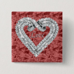 Badge Carré 5 Cm Bouton Coeur de Diamant Carré rouge