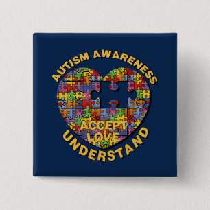 Badge Carré 5 Cm Bouton Coeur du puzzle sensibilisation sur l'autis