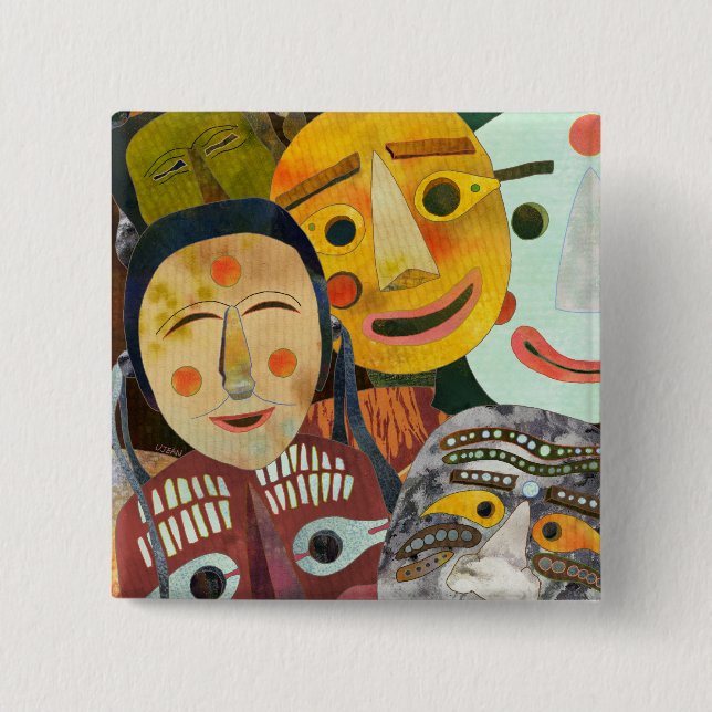 Badge Carré 5 Cm Bouton coréen traditionnel de masques (Devant)
