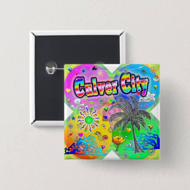 Badge Carré 5 Cm Bouton Culver CIty quadro saisons (Devant & derrière)