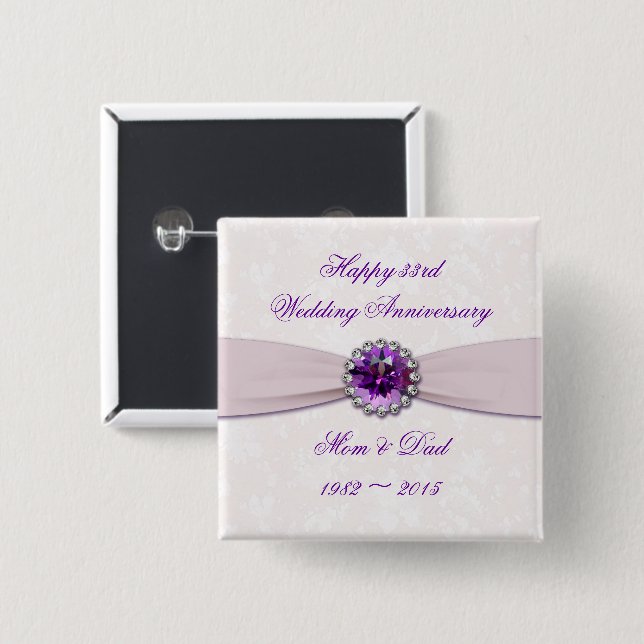 Badge Carré 5 Cm Bouton Damask 33e anniversaire du Mariage (Devant & derrière)