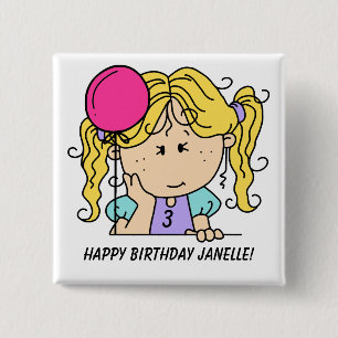 Badge Carré 5 Cm Bouton d'anniversaire de fille blond personnalisé