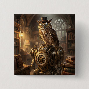 Badge Carré 5 Cm bouton d'art mécanique de hibou steampunk