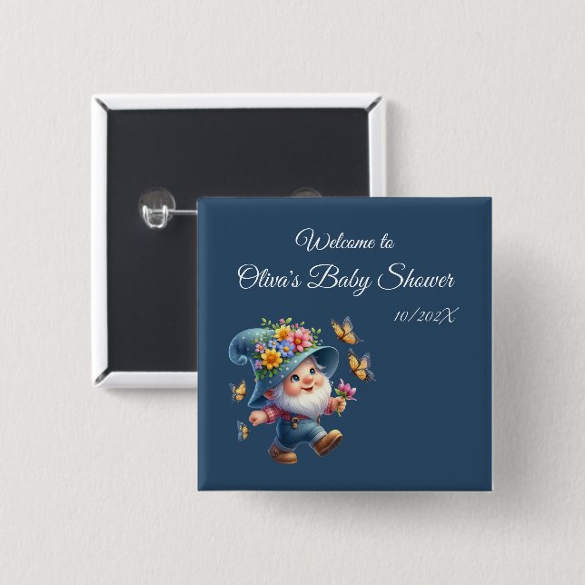 Badge Carré 5 Cm Bouton de Baby shower papillon (Devant & derrière)