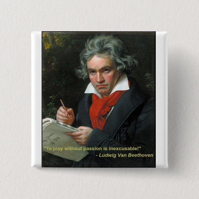 Badge Carré 5 Cm Bouton de Beethoven "à jouer sans passion " (Devant)