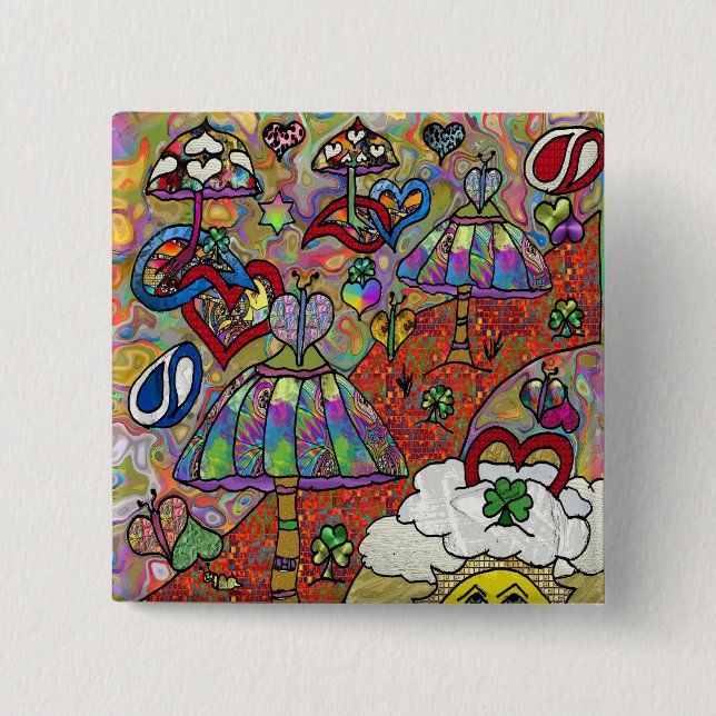 Badge Carré 5 Cm Bouton de champignon psychédélique rétro 60s (Devant)