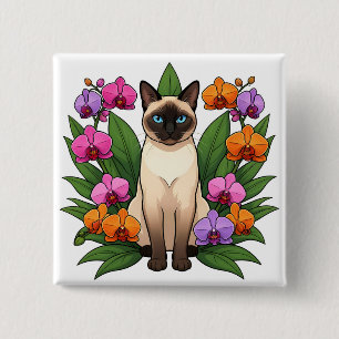 Badge Carré 5 Cm bouton de chat siamois fleur exotique