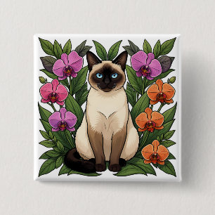 Badge Carré 5 Cm bouton de chat siamois floral