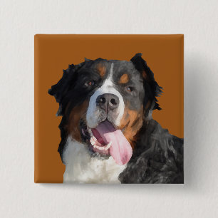 Badge Carré 5 Cm Bouton de chien de montagne bernois Aquarelle