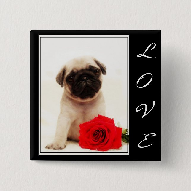 Badge Carré 5 Cm Bouton de chiot de carlin d'amour (Devant)
