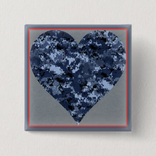 Badge Carré 5 Cm Bouton de la Saint-Valentin Cœur Camo Bleu U.S. "J