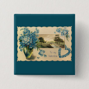 Badge Carré 5 Cm Bouton de la Saint-Valentin Fleur Bleue Vintage