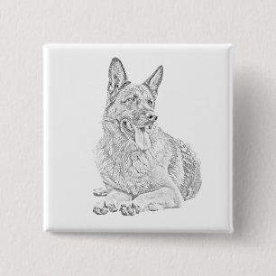 Badge Carré 5 Cm Bouton de l'épingle berger allemand de dessin au c