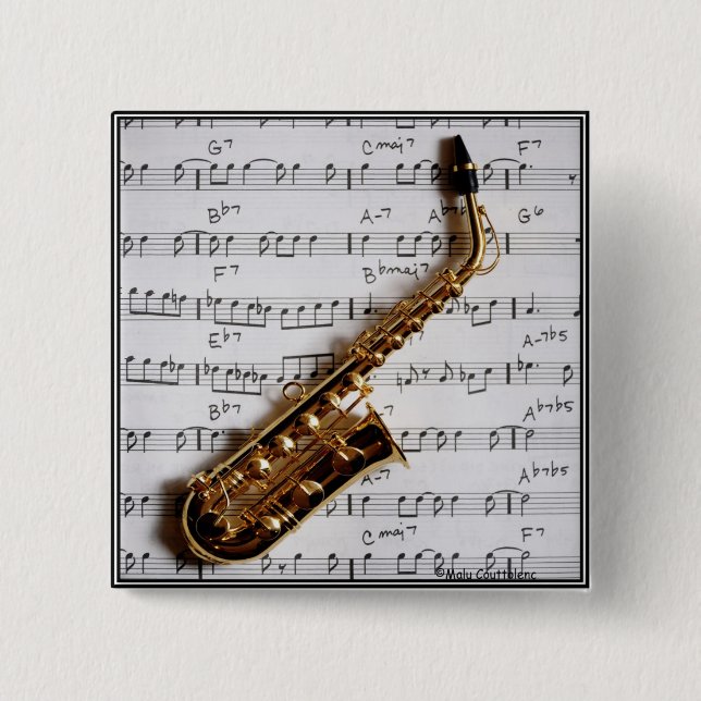 Badge Carré 5 Cm Bouton de saxophone de jazz (Devant)