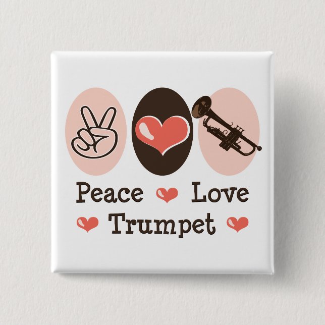 Badge Carré 5 Cm Bouton de trompette Peace Love (Devant)