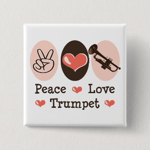 Badge Carré 5 Cm Bouton de trompette Peace Love