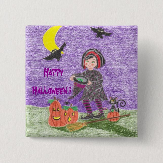 Badge Carré 5 Cm Bouton d'Halloween violet de sorcière (Devant)