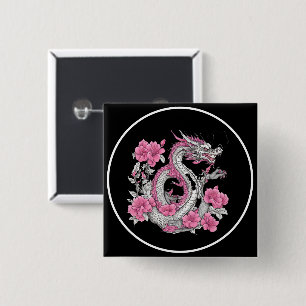 Badge Carré 5 Cm Bouton Dragon Fleur
