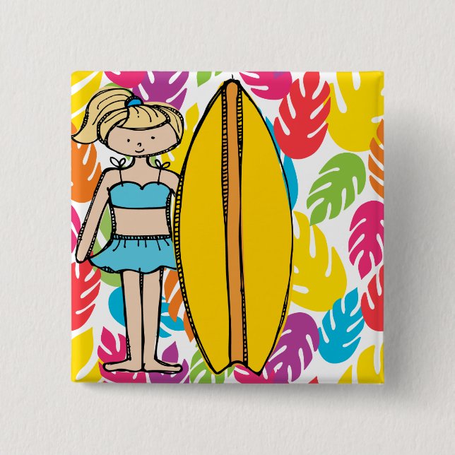 Badge Carré 5 Cm Bouton Fille Surfer blond (Devant)