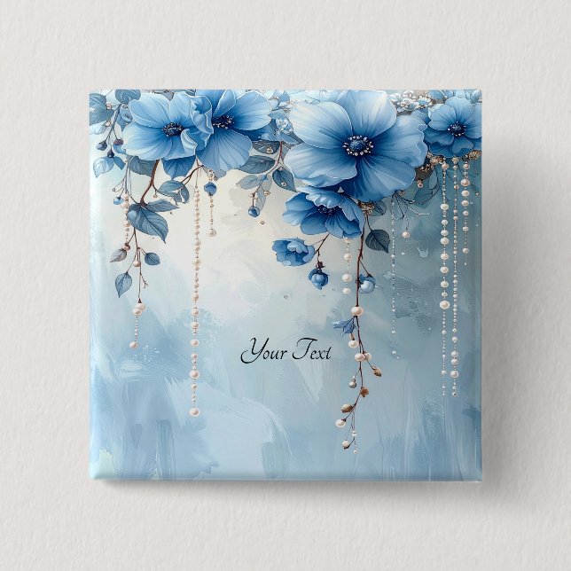 Badge Carré 5 Cm Bouton Fleurs Bleues et Perles (Devant)