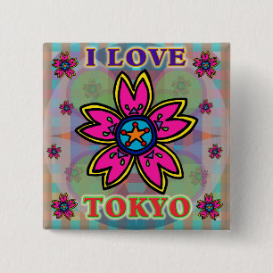 Badge Carré 5 Cm Bouton Fleurs "I LOVE TOKYO"