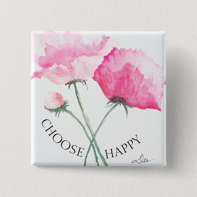 Badge Carré 5 Cm Bouton Fleurs roses (Devant)