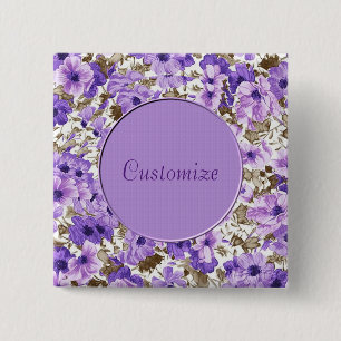 Badge Carré 5 Cm Bouton floral blanc et violet personnalisé