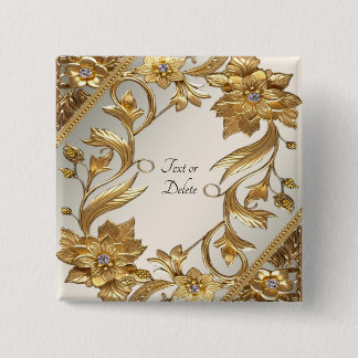 Badge Carré 5 Cm Bouton Floral Feuilles Ondulées Dorées
