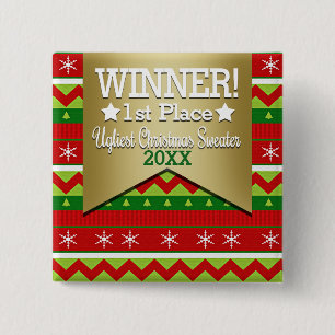 Badge Carré 5 Cm Bouton gagnant du pull de Noël moche
