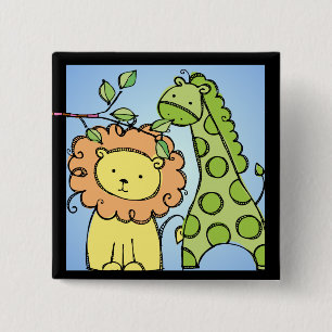 Badge Carré 5 Cm Bouton Giraffe et Lion