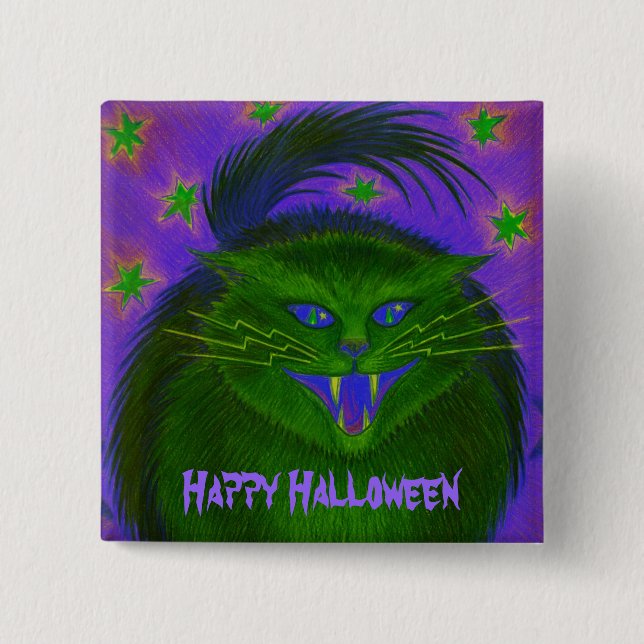 Badge Carré 5 Cm Bouton "Halloween heureux" de chat effrayant (Devant)