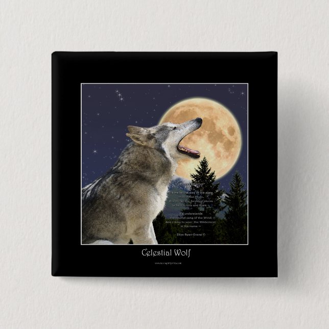 Badge Carré 5 Cm Bouton Howling Wolf & Moon Wildlife Art (Devant)