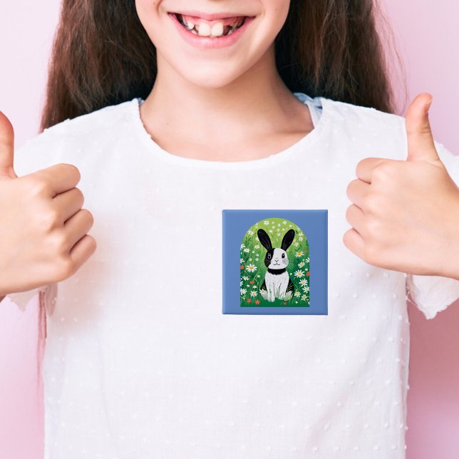 Badge Carré 5 Cm Bouton Lapin Noir Et Blanc (Créateur téléchargé)