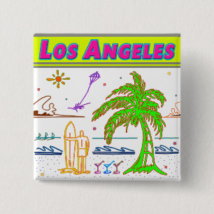 Badge Carré 5 Cm Bouton "Los Angeles" Surfer Beach