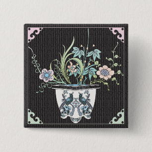 Badge Carré 5 Cm Bouton Mah Jongg Fleurs/Oiseaux