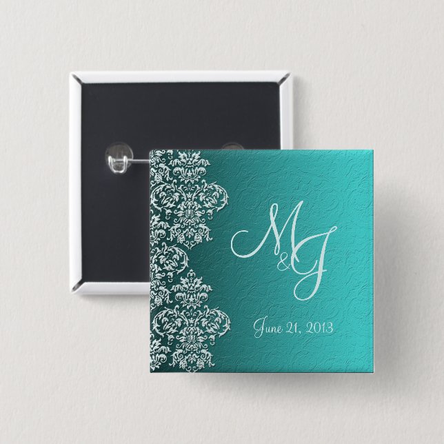 Badge Carré 5 Cm Bouton Mariage Damask Turquoise (Devant & derrière)