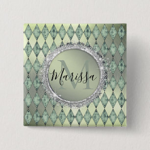 Badge Carré 5 Cm Bouton Monogramme Arlequin Chic Menthe Vert